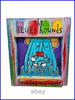 OOAK Original Ken Pease Folk Art On Repurposed Wood The Blues Hounds Jazz Dog
