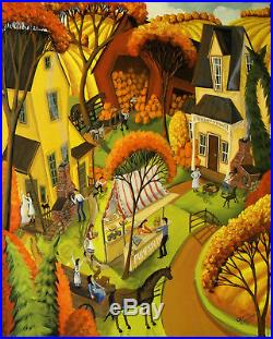 ORIGINAL 30x24 folk art painting Family Pumpkin patch barn dog cat Criswell Farm