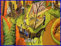 ORIGINAL 30x24 folk art painting Family Pumpkin patch barn dog cat Criswell Farm
