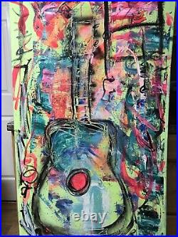ORIGINAL ABSTRACT ACRYLIC ON CANVAS MODERN ART GUITAR PAINTING SIGNED 30x66