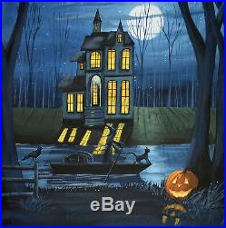 ORIGINAL Halloween painting boat cat witch crow river TWILIGHT house folk art DC