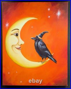 ORIGINAL PAINTING Folk Art Whimsical Moon Man Black Crow Autumn Halloween 18x14