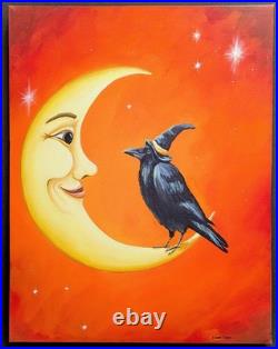 ORIGINAL PAINTING Folk Art Whimsical Moon Man Black Crow Autumn Halloween 18x14