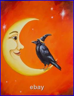 ORIGINAL PAINTING Folk Art Whimsical Moon Man Black Crow Autumn Halloween 18x14