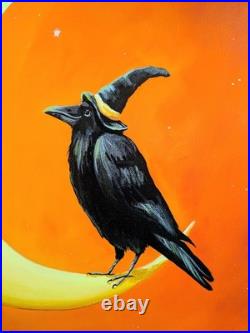 ORIGINAL PAINTING Folk Art Whimsical Moon Man Black Crow Autumn Halloween 18x14