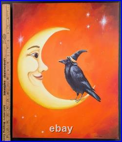 ORIGINAL PAINTING Folk Art Whimsical Moon Man Black Crow Autumn Halloween 18x14