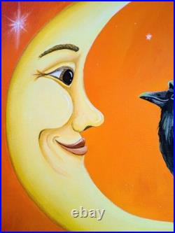 ORIGINAL PAINTING Folk Art Whimsical Moon Man Black Crow Autumn Halloween 18x14