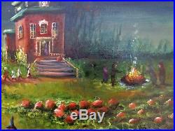 ORIGINAL Painting Lizzy FOLK ART Halloween Haunted House MOON Ghost Witch Autumn