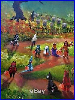 ORIGINAL Painting Lizzy FOLK ART Halloween Haunted House MOON Ghost Witch Autumn