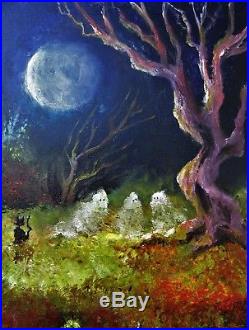 ORIGINAL Painting Lizzy FOLK ART Halloween Haunted MOON Ghosts Cats Pumpkins