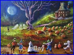 ORIGINAL Painting Lizzy FOLK ART Halloween Haunted MOON Ghosts Cats Pumpkins