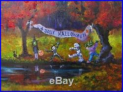 ORIGINAL Painting Lizzy FOLK ART Halloween Haunted MOON Ghosts Pumpkins witch