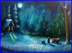 ORIGINAL Painting Lizzy FOLK ART Winter Woods BEARS Snow Christmas Night Moon