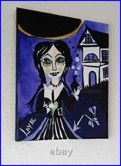 ORIGINAL Wednesday Addams LOVE Spell Goth Canvas Naive folk art Painting