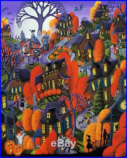 ORIGINAL folk art painting Halloween black cat witch costume trick or treat BIG
