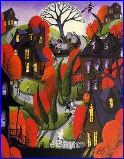 ORIGINAL folk art painting Halloween witch costume ghost JOL mask cat Criswell