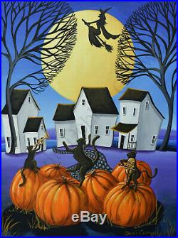 ORIGINAL folk art painting landscape Halloween dancing black cats witch music