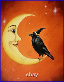 ORIGINAL painting folk art Halloween crow raven moon man whimsical 18x14 face DC
