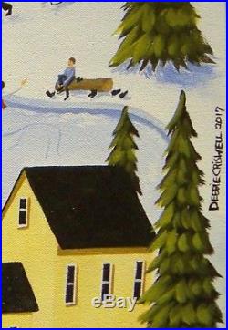 ORIGINAL painting folk art landscape Christmas Tree Holiday country ice skating