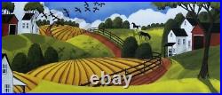ORIGINAL painting folk art red barn landscape black bird horses farmhouse DC