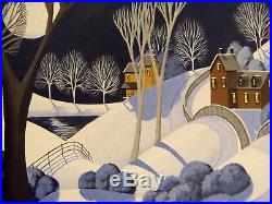 ORIGINAL painting large 18x24 folk art winter landscape snow modern trees road