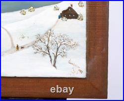 Off to School' Vintage Folk Art Snow Scene on Wood, Signed Jo Vaccarino, 1985