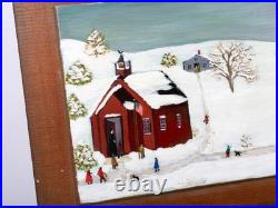 Off to School' Vintage Folk Art Snow Scene on Wood, Signed Jo Vaccarino, 1985