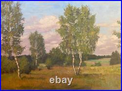 Oil Painting Um 1920 Summer Landscape With Birch & Waldpanorama IN Rustic Style