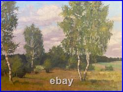 Oil Painting Um 1920 Summer Landscape With Birch & Waldpanorama IN Rustic Style