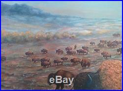 Oil Painting of Bison Buffalo Colorado American Folk Art 1967 Hand Carved Frame