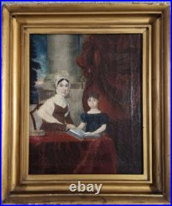 Oil on canvas of mother and daughter with books, American school c. 1815
