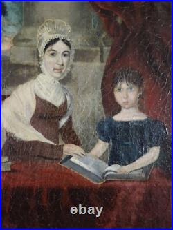 Oil on canvas of mother and daughter with books, American school c. 1815