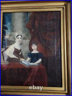 Oil on canvas of mother and daughter with books, American school c. 1815