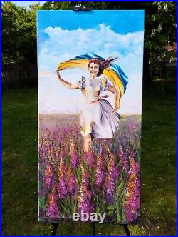 Oil painting Ukraine original war art Ukrainian girl landscape