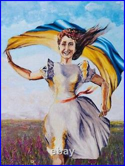 Oil painting Ukraine original war art Ukrainian girl landscape