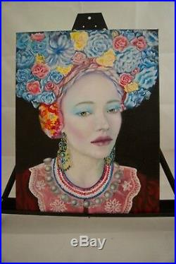 Oil painting portrait woman Young lady in folk dress Blue flowers beautiful girl
