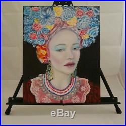 Oil painting portrait woman Young lady in folk dress Blue flowers beautiful girl