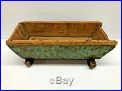 Old 14.5x6.5 Primitive Antique Table Box in Dry Green Paint Folk Art AAFA