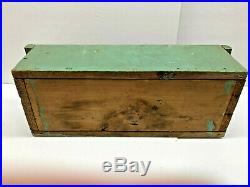 Old 21 Primitive Antique Table Box in Dry Green Paint w Handles Folk Art AAFA