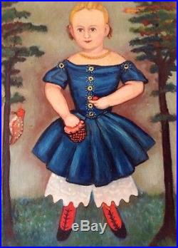 Old American Folk Art Oil Painting of a Child / Little Girl + Book by Garbisch