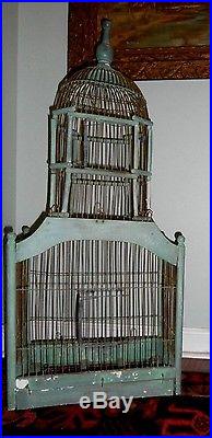 Old Antique Vintage Wood Wire Folk Art Bird Cage Original BlueGreen Paint French