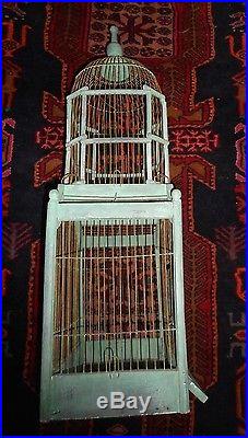 Old Antique Vintage Wood Wire Folk Art Bird Cage Original BlueGreen Paint French