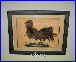 Old Antique Vtg 19th C 1800s Folk Art Rooster Painting Watercolor Paper Feathers