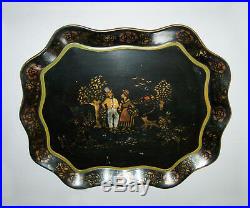 Old Antique Vtg 19th C Folk Art Stenciled Tole Painted Tin Serving Tray Toleware