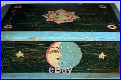 Old Folk Art Vintage Chest Box Painted Moon Stars & Sun Mystical Occult Symbols