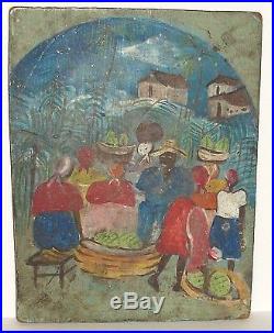Old Haitian Farmer Market Landscape Oil On Board Small Folk Painting Unsigned