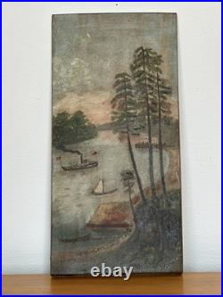 Old Hudson River Valley Folk Art Oil Painting On Wood Panel New York Attic Find