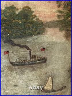 Old Hudson River Valley Folk Art Oil Painting On Wood Panel New York Attic Find