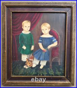 Old Naive Folk Art Oil Painting Boy Girl Welsh Corgi Dog Ann Stanwell England Old Naive Folk Art Oil Painting Boy Girl Welsh Corgi Dog Ann Stanwell England