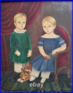Old Naive Folk Art Oil Painting Boy Girl Welsh Corgi Dog Ann Stanwell England Old Naive Folk Art Oil Painting Boy Girl Welsh Corgi Dog Ann Stanwell England